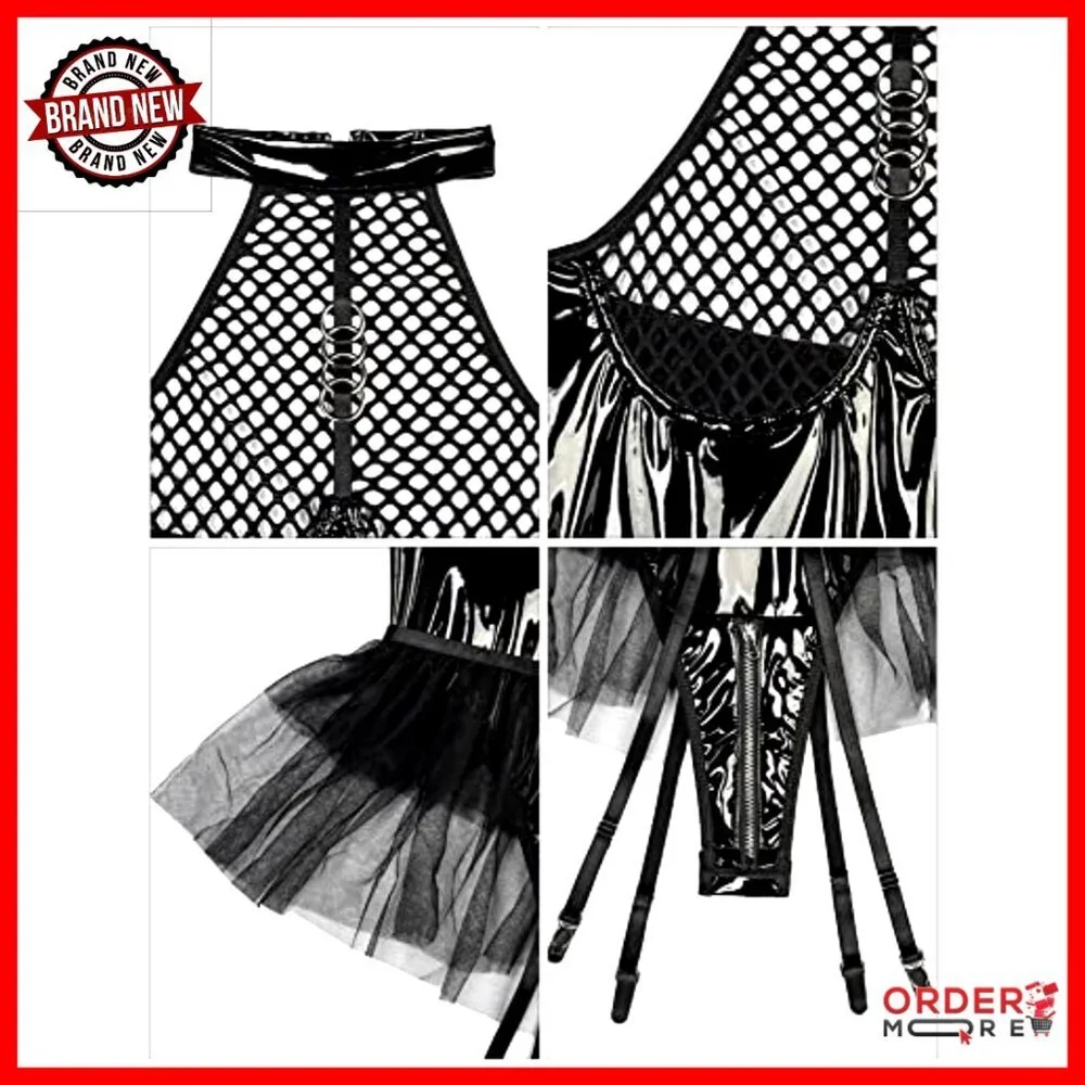 Patent Leather Bodysuit with Zipper Crotch, Halter Neck, Detachable Garter